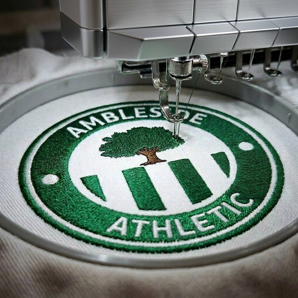 Custom embroidered Ambleside Athletic football club badge on garment