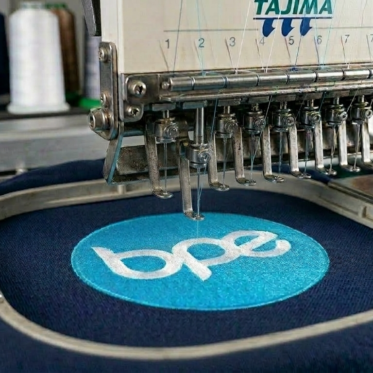 In-house embroidery machine at Bespoke Print and Embroidery Leicester workshop producing custom branded workwear