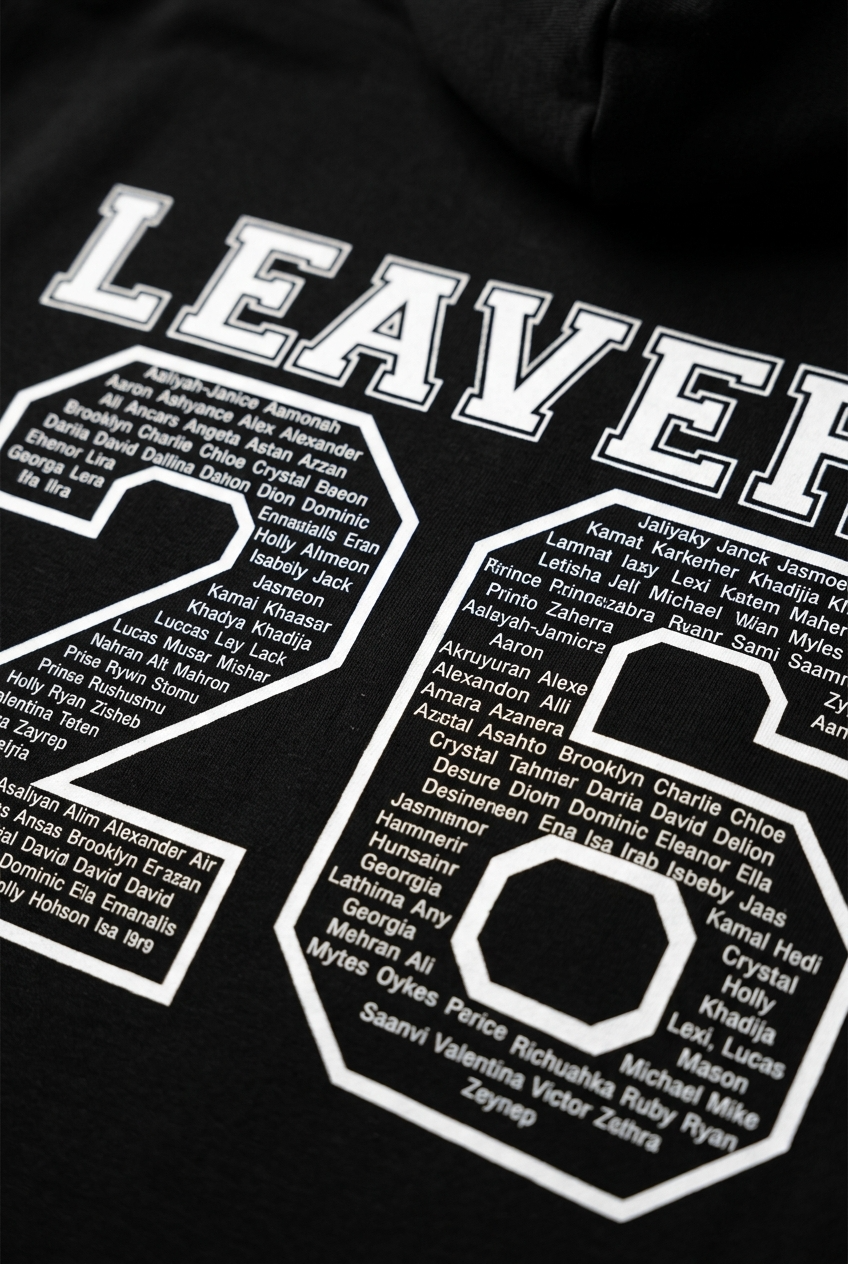 Custom printed school leavers hoodie with class names by Bespoke Print and Embroidery