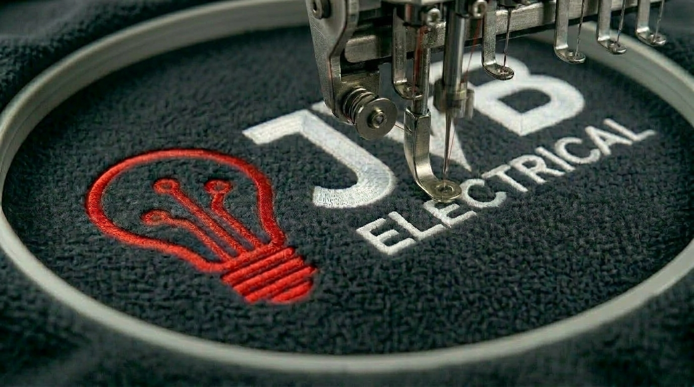 Close-up of custom logo being embroidered onto workwear by Bespoke Print Leicester
